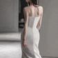 Chic A line Strapless Satin Long Wedding Dresses With Ruffles C1617