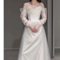 Chic A line Strapless Satin Long Wedding Dresses With Ruffles C1617