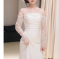 Sexy Sheath Off The Shoulder Long Sleeves Satin Long Wedding Dresses With Lace C1618