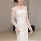 Sexy Sheath Off The Shoulder Long Sleeves Satin Long Wedding Dresses With Lace C1618