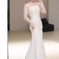 Sexy Sheath Off The Shoulder Long Sleeves Satin Long Wedding Dresses With Lace C1618