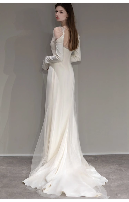 Robe de mariée longue en satin à manches longues et épaules dénudées sexy C1620