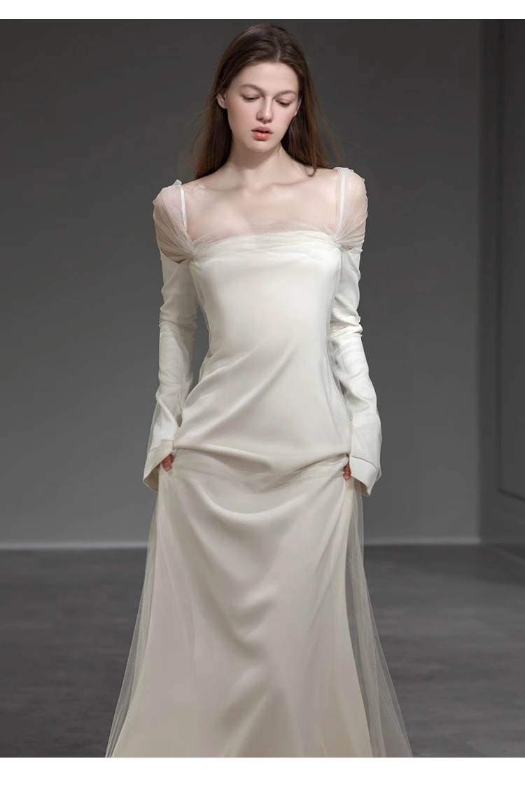 Robe de mariée longue en satin à manches longues et épaules dénudées sexy C1620