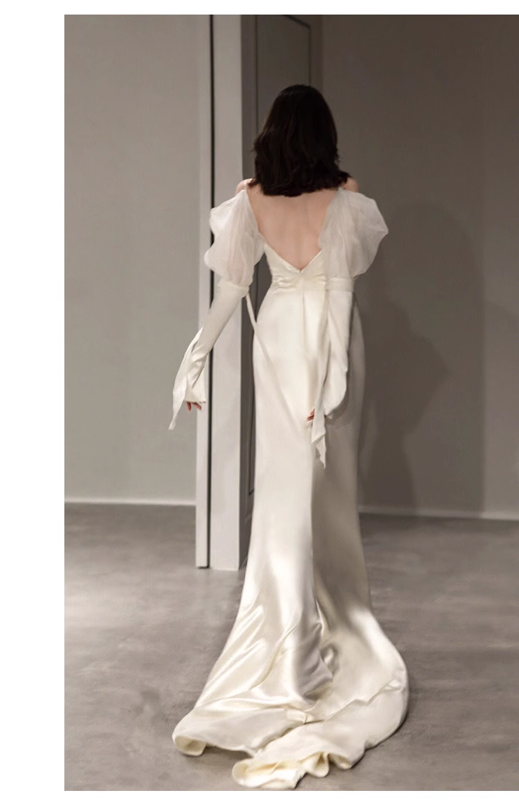 Robe de mariée longue en satin à manches longues et épaules dénudées sexy C1621