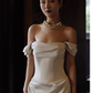 Chic Sheath Off The Shoulder Satin Long Wedding Dresses With Ruffles C1624
