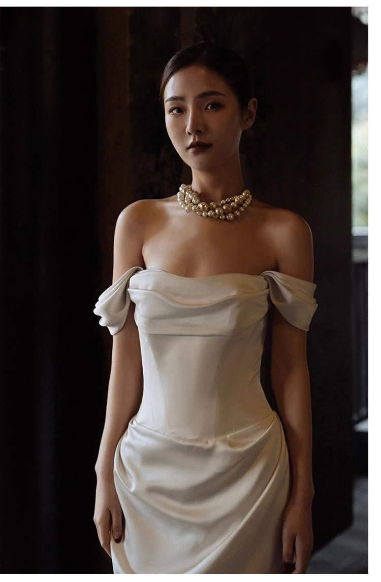 Chic Sheath Off The Shoulder Satin Long Wedding Dresses With Ruffles C1624