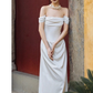 Chic Sheath Off The Shoulder Satin Long Wedding Dresses With Ruffles C1624