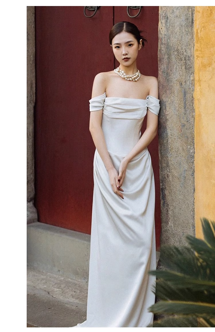 Chic Sheath Off The Shoulder Satin Long Wedding Dresses With Ruffles C1624