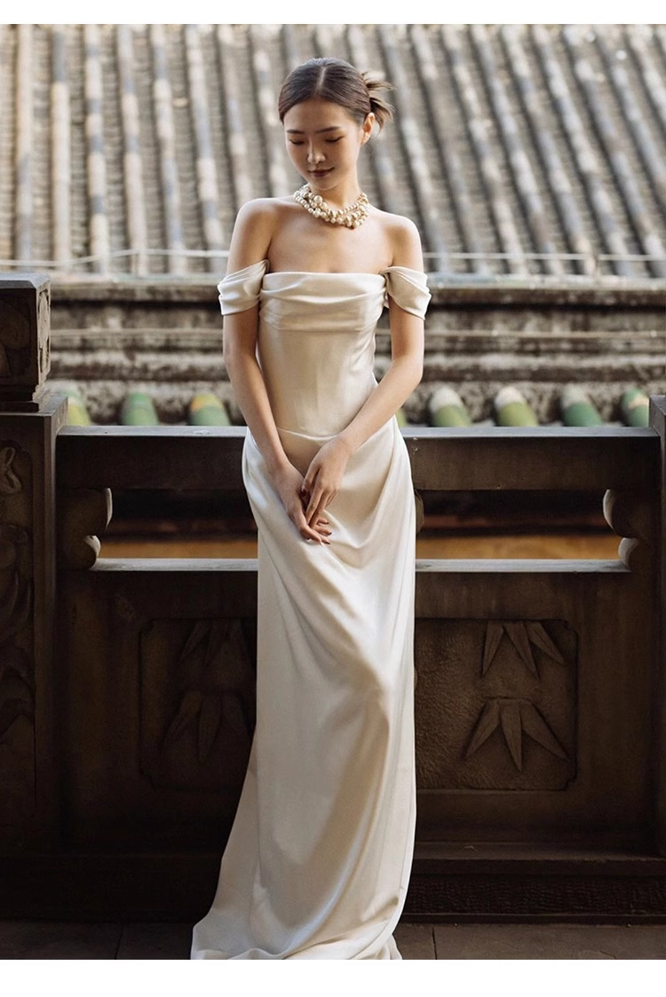 Chic Sheath Off The Shoulder Satin Long Wedding Dresses With Ruffles C1624
