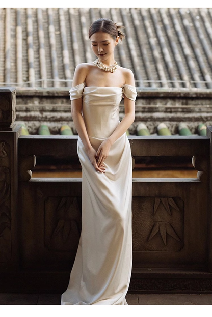 Chic Sheath Off The Shoulder Satin Long Wedding Dresses With Ruffles C1624