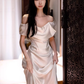 Sexy Sheath Off The Shoulder Satin Long Wedding Dresses With Ruffles C1625