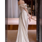 Sexy Sheath Off The Shoulder Satin Long Wedding Dresses With Ruffles C1625