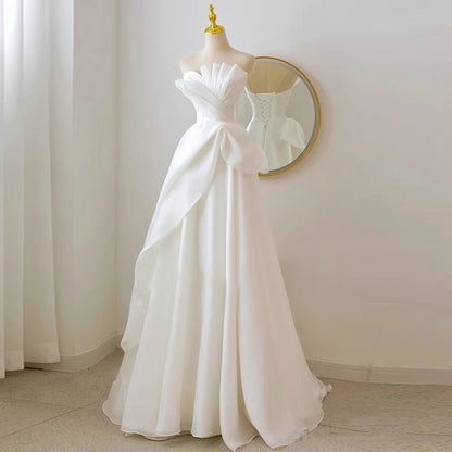 Timeless A line Strapless Chiffon Long Wedding Dresses With Ruffles C1628