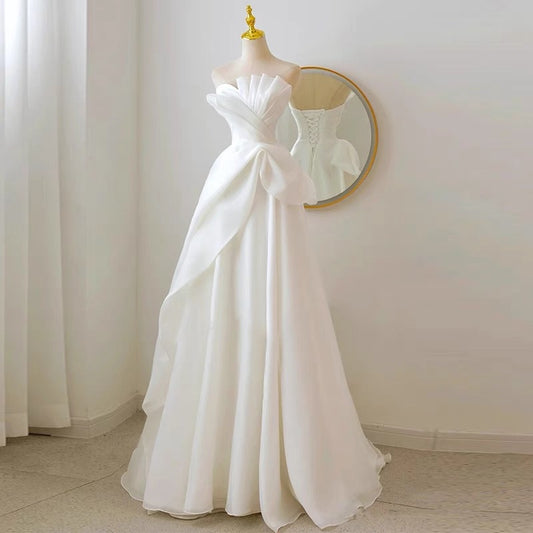 Timeless A line Strapless Chiffon Long Wedding Dresses With Ruffles C1628