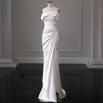 Timeless Sheath Off The Shoulder Satin Long Wedding Dresses With Slit C1629
