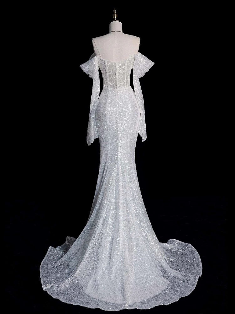 Timeless Mermaid Off The Shoulder Long Sleeves Sequin Wedding Dresses With Ruffles C1630