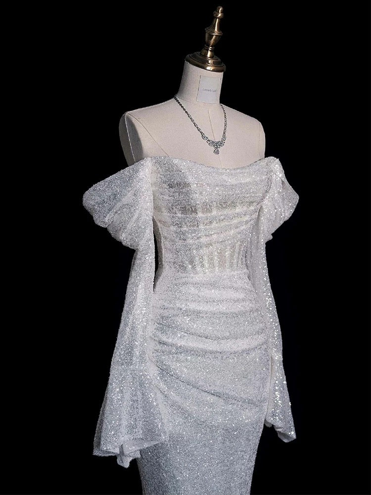 Timeless Mermaid Off The Shoulder Long Sleeves Sequin Wedding Dresses With Ruffles C1630