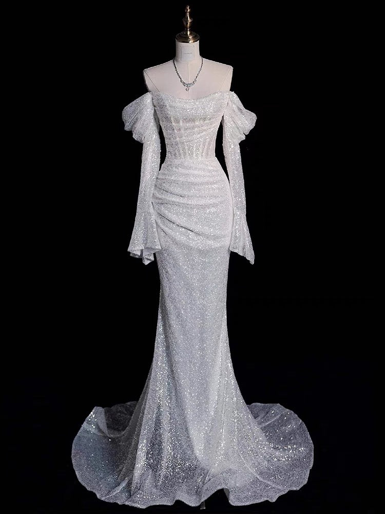 Timeless Mermaid Off The Shoulder Long Sleeves Sequin Wedding Dresses With Ruffles C1630