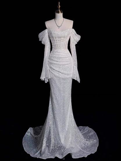 Timeless Mermaid Off The Shoulder Long Sleeves Sequin Wedding Dresses With Ruffles C1630