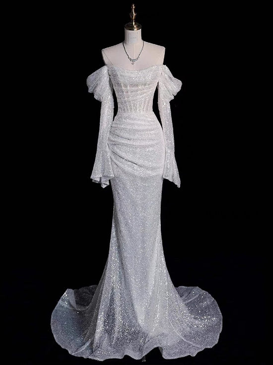 Vintage Mermaid Off The Shoulder Sequin Long Sleeves White Wedding Dresses With Ruffles main image 0