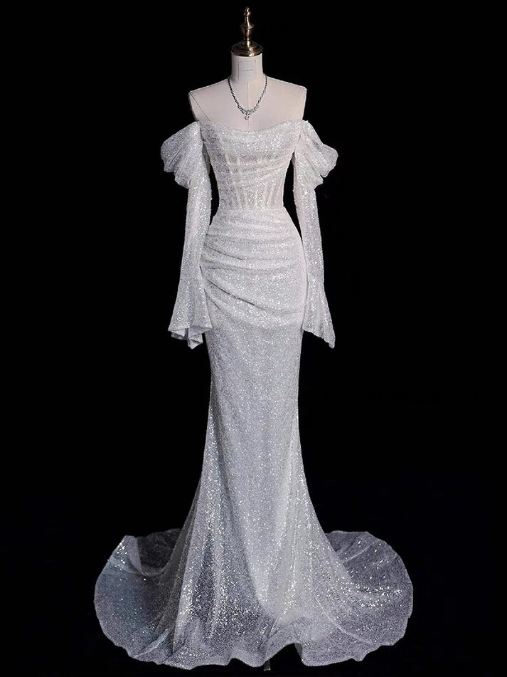 Elegant Mermaid Off The Shoulder Sequin Pearls Long White Wedding Dresses