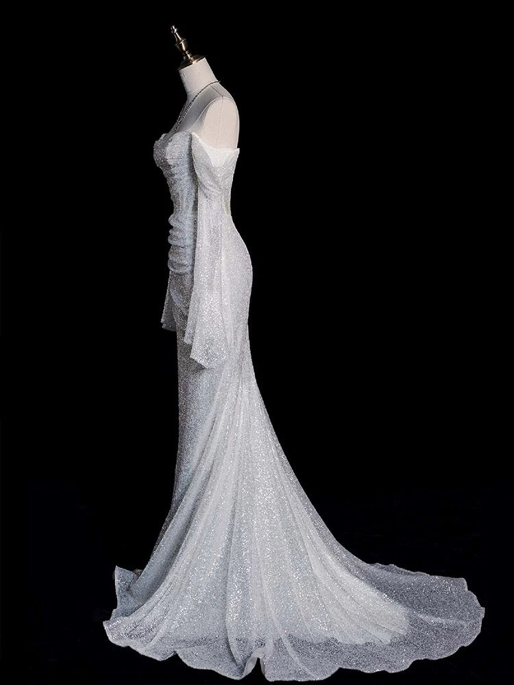 Timeless Mermaid Off The Shoulder Long Sleeves Sequin Wedding Dresses With Ruffles C1630