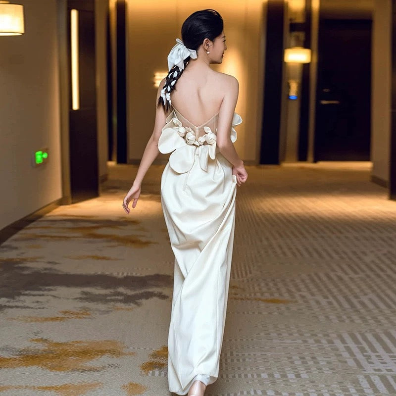 Classy Sheath Strapless Satin Ankle Length Wedding Dresses With Flowers C1634