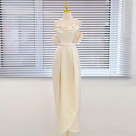Classy Sheath Strapless Satin Ankle Length Wedding Dresses With Flowers C1634