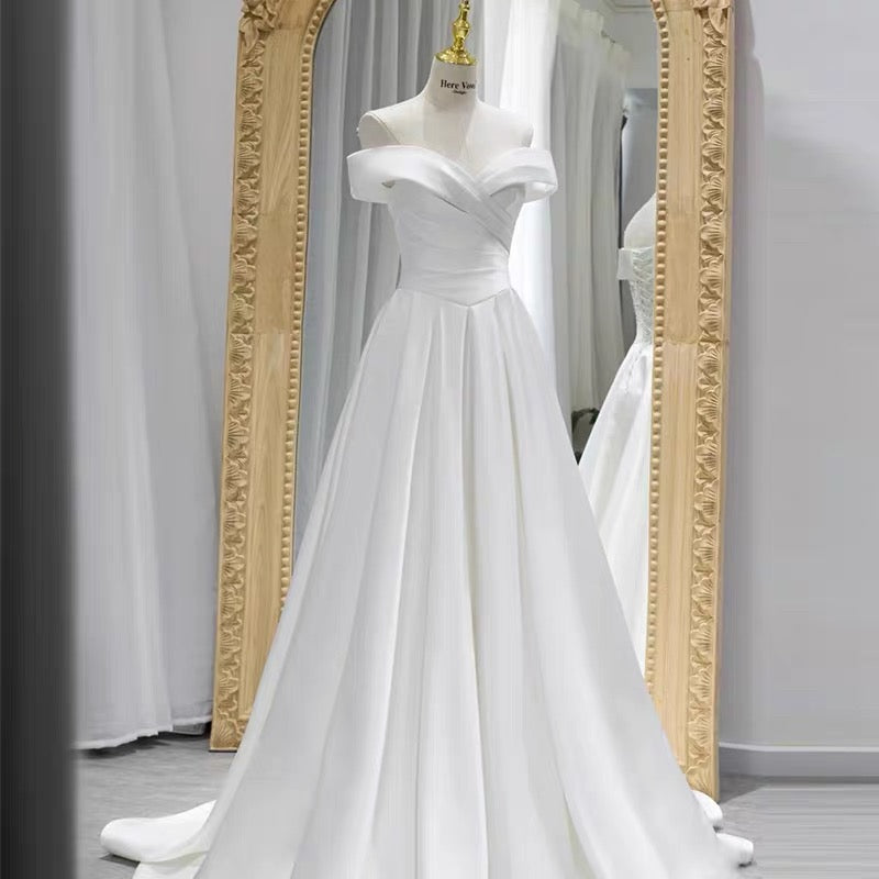 Classy A line Off The Shoulder Short Sleeves Floor Length Satin Wedding Dresses C1637