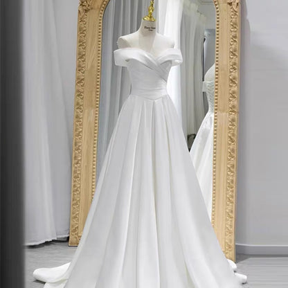 Classy A line Off The Shoulder Short Sleeves Floor Length Satin Wedding Dresses C1637