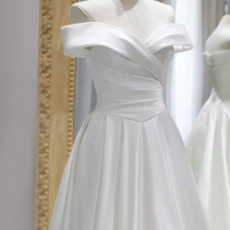 Classy A line Off The Shoulder Short Sleeves Floor Length Satin Wedding Dresses C1637