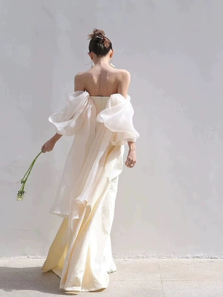 Timeless Mermaid Off The Shoulder Long Tulle White Wedding Dresses With Ruffles C1648
