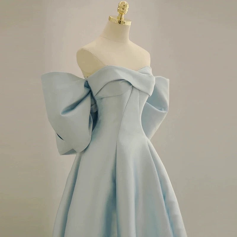 Modest A Line Off The Shoulder Satin Light Sky Blue Prom Dress Long Evening Dresses C1649