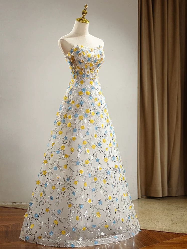 Modest A Line Sweetheart Flowers Sequin Prom Dress Long Evening Dresses C1654