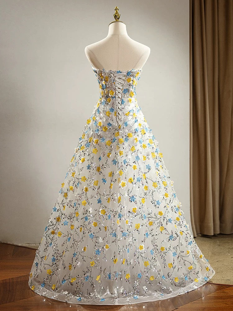 Modest A Line Sweetheart Flowers Sequin Prom Dress Long Evening Dresses C1654