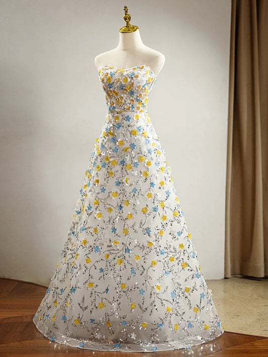 Modest A Line Sweetheart Flowers Sequin Prom Dress Long Evening Dresses C1654