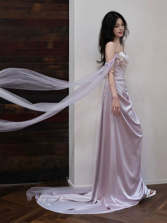 Elegant Sheath Off The Shoulder Lilac Silk Satin Long Prom Dresses C1661