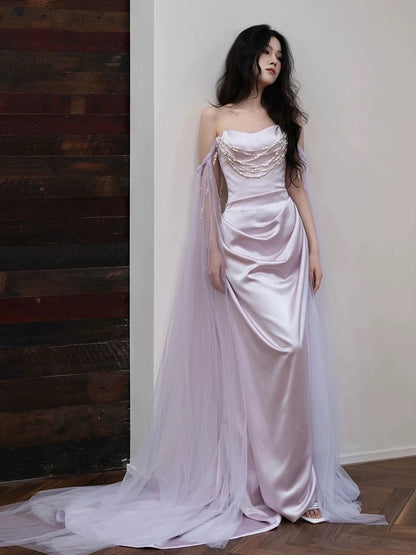 Elegant Sheath Off The Shoulder Lilac Silk Satin Long Prom Dresses C1661