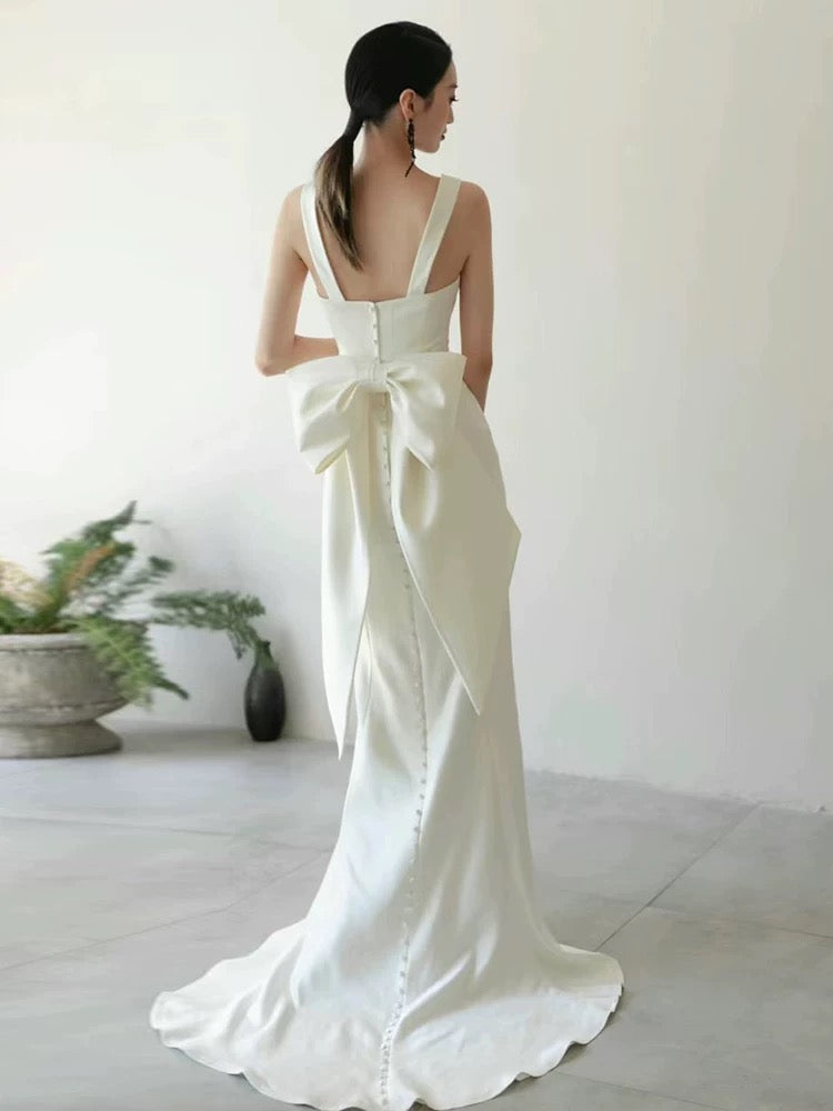 Timeless Sheath Straps Long Satin White Wedding Dresses C1663