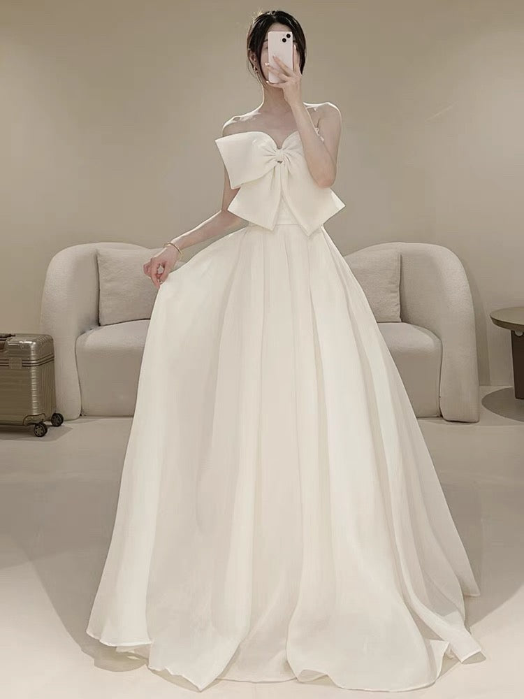 Timeless A line Strapless Long Satin White Wedding Dresses With Bow C1664