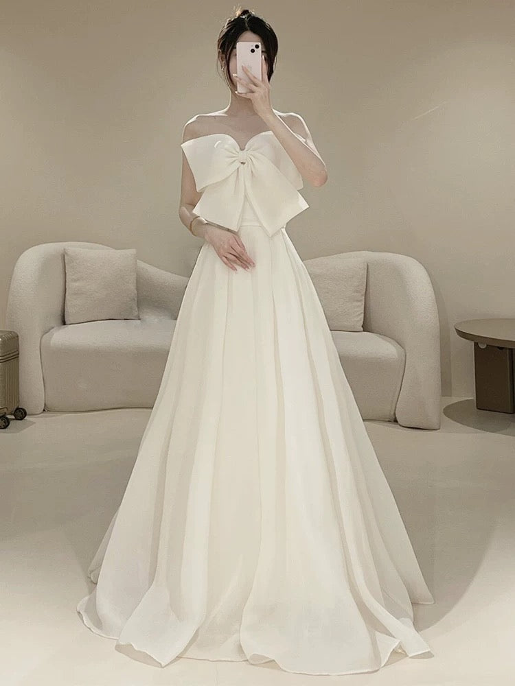 Timeless A line Strapless Long Satin White Wedding Dresses With Bow C1664
