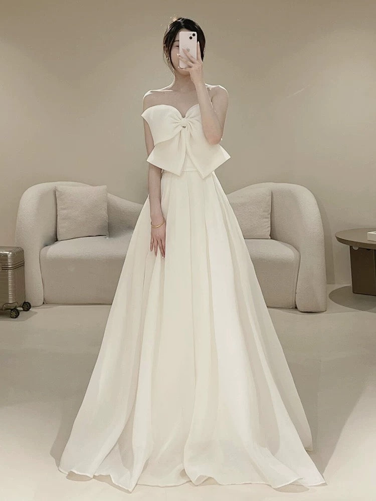 Timeless A line Strapless Long Satin White Wedding Dresses With Bow C1664