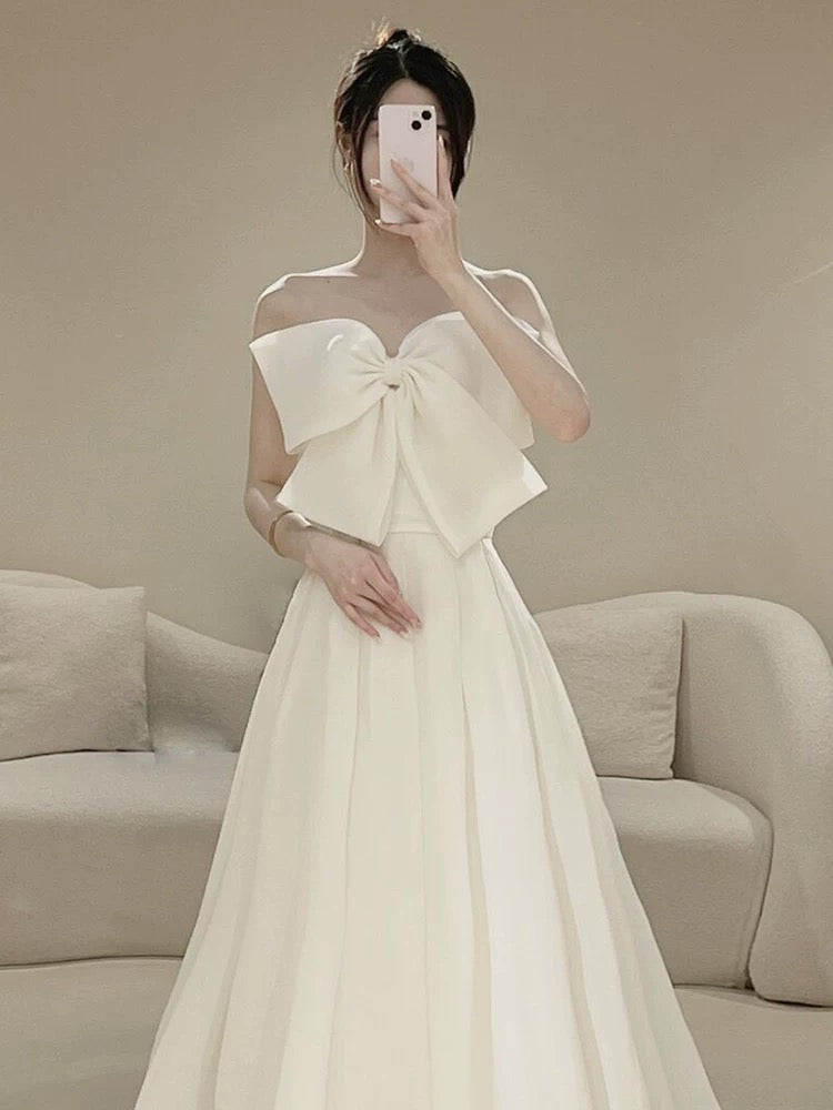 Timeless A line Strapless Long Satin White Wedding Dresses With Bow C1664