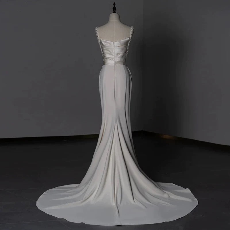 Timeless Sheath Straps Long Satin White Wedding Dresses With Beads C1665
