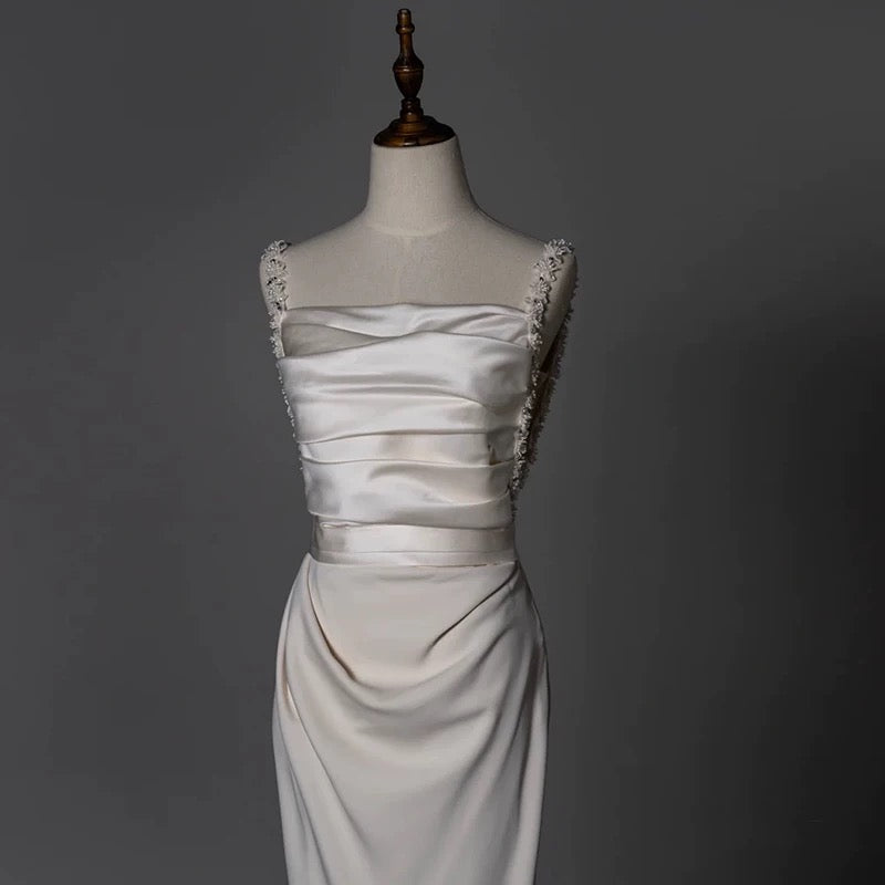 Timeless Sheath Straps Long Satin White Wedding Dresses With Beads C1665