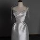 Timeless A line Sweetheart Long Satin White Wedding Dresses With Silver Beads C1666