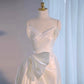 Simple High Low Sweetheart Long Satin White Wedding Dresses With Ruffles C1667