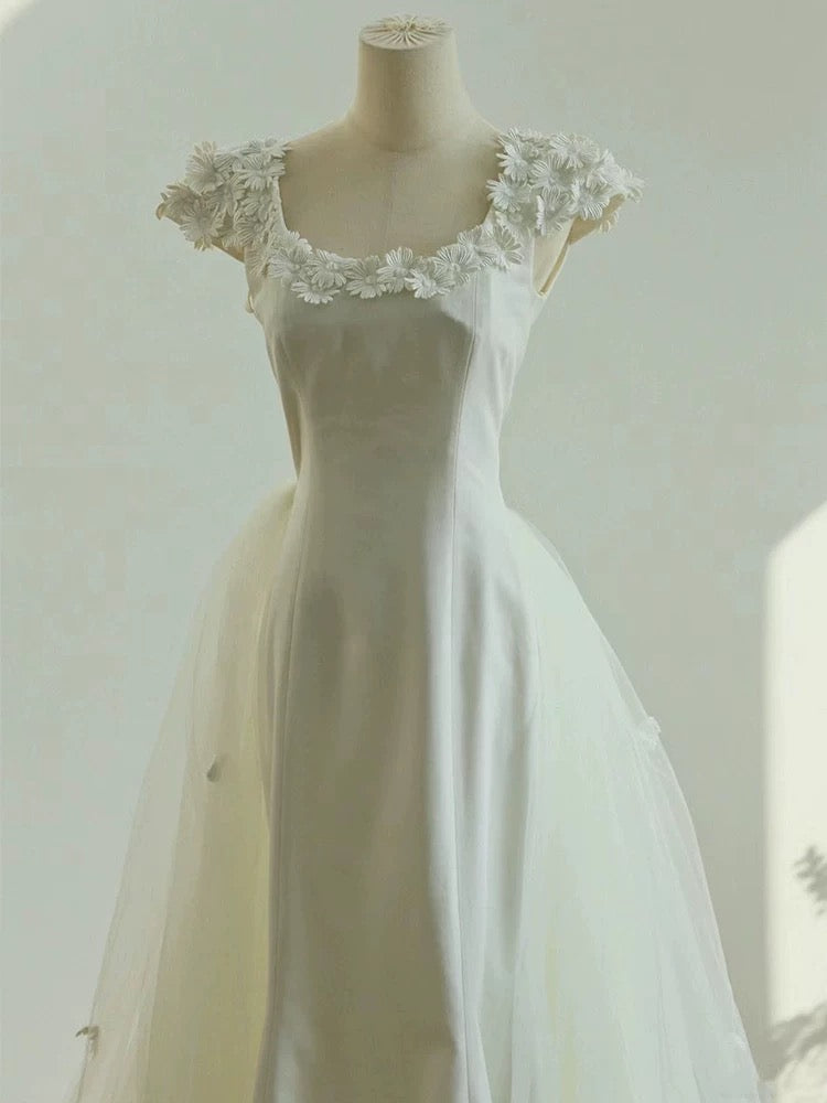 Unique Mermaid Square Neckline Lace White Wedding Dresses With Lace C1670