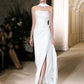 Unique Sheath Strapless Satin Slit White Wedding Dresses With Ribbon C1672