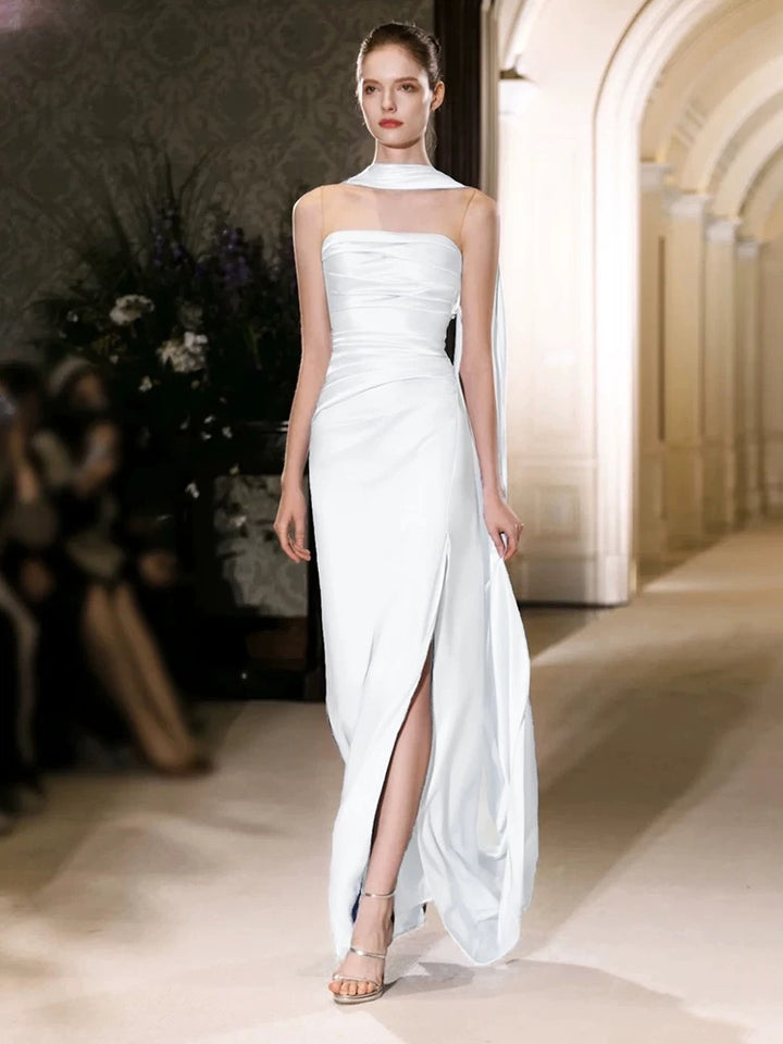 Unique Sheath Straps Satin Long White Slit Pearls Wedding Dresses C1681